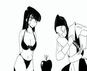 LF Mono Source: "komi-san", ninja, animated gif, apple, ninja, bikini, long hair, black hair, sweat drop, blush, mask, katana/sword from ninja film